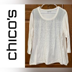EUC Size 4 Chico’s Zenergy 3/4 Sleeve Cream with Silver Embellished Top